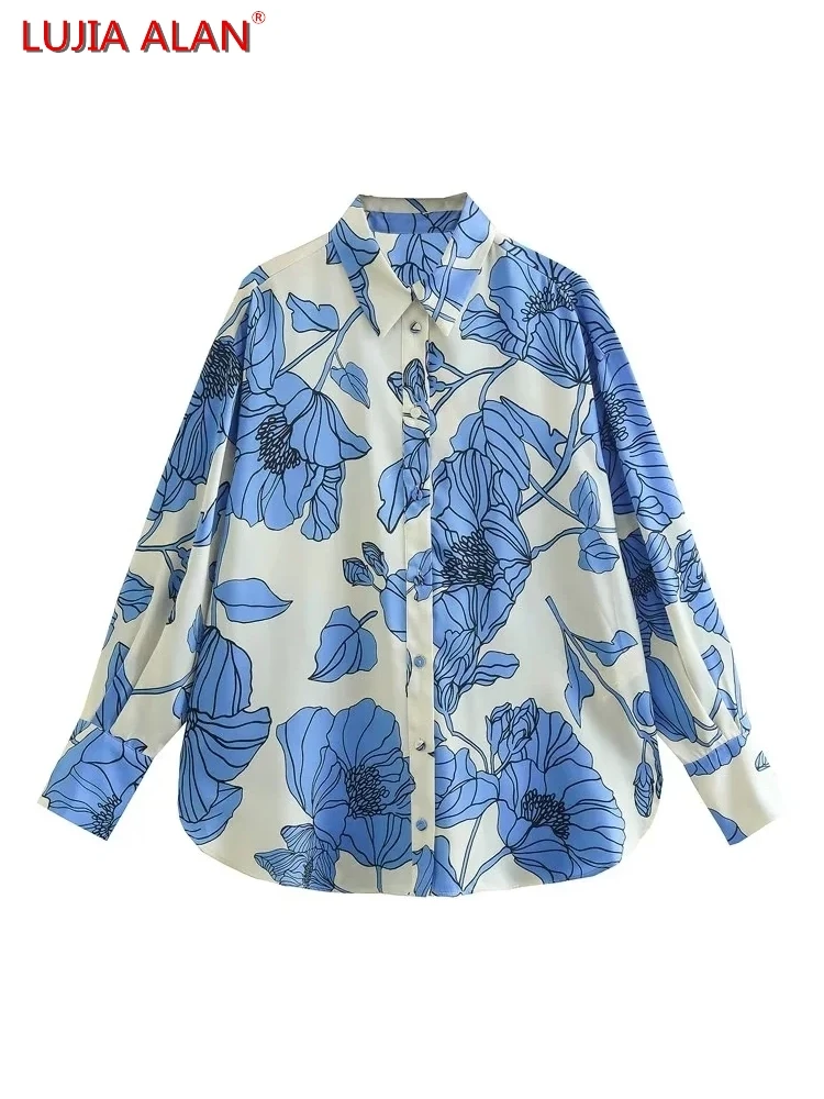 

Женская свободная рубашка с цветочным принтом, с отложным воротником и длинным рукавом