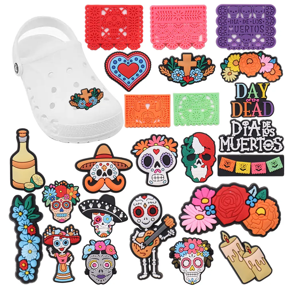 

Wholesale 50pcs PVC Shoe Charms Mexican Style Flower Skull Zombie Accessories Sandal Decoration For Croc Jibz Kids X-mas Gift