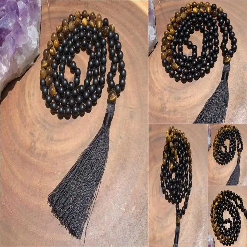 8 мм натуральный оникс тигровый глаз 108 бусин ручная работа ожерелье с кисточкой