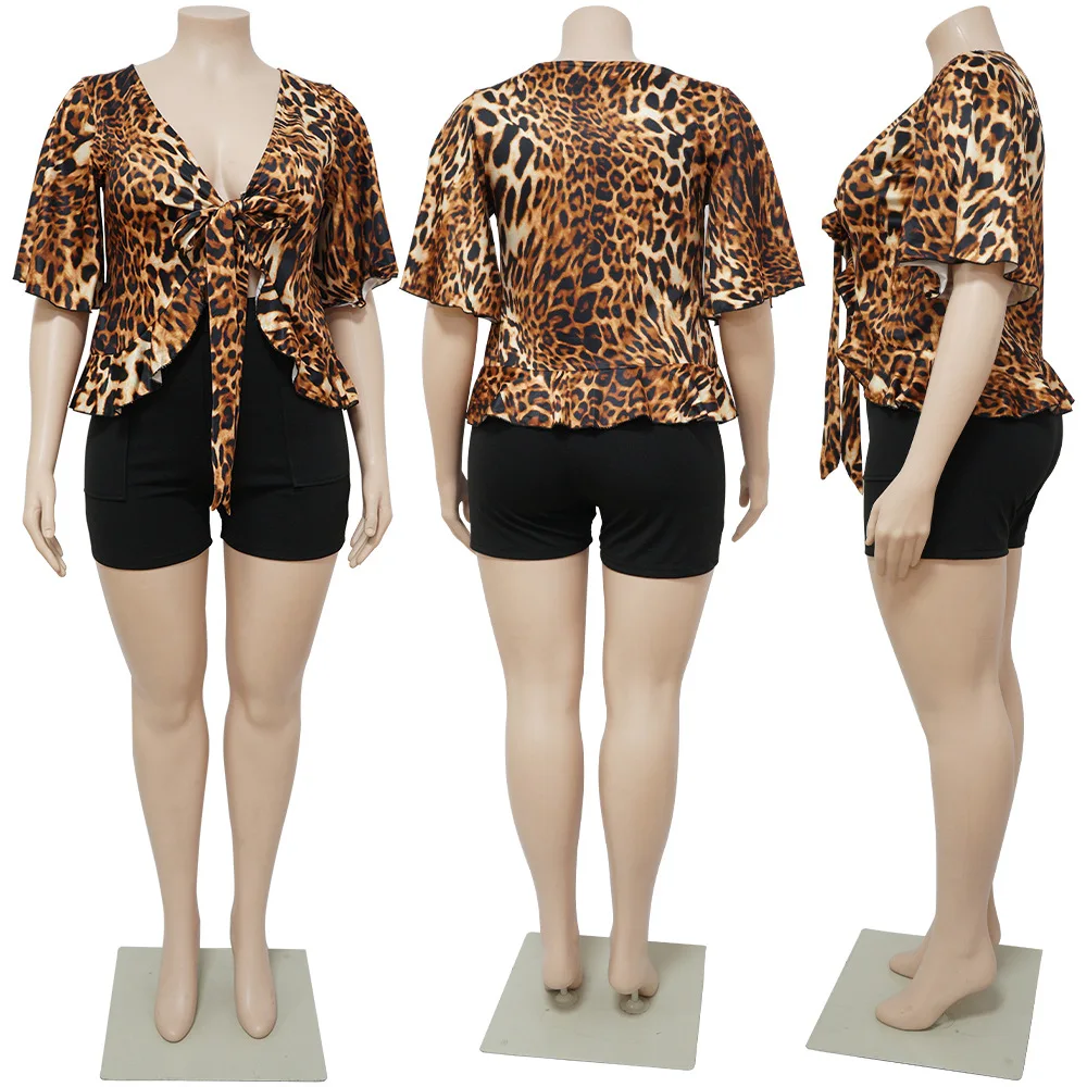 Plus Size Women Sets Leopard Zebra Print Shirt and Short Pant 2023 Summer Fashion Two Piece Set Sexy Female V Neck Clothing