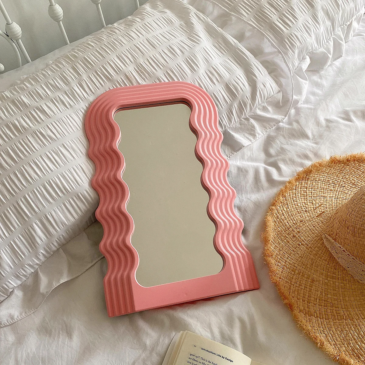 

Creative Wave Mirror Desktop Cosmetic Plastic Mirror Bathroom Mirror Decorative Special-shaped Vintage Pink Mirror Home Decor