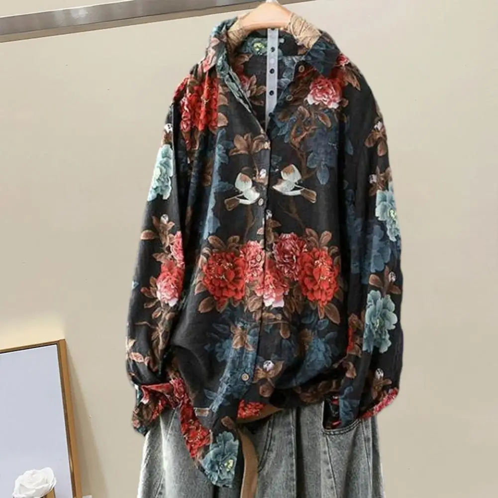 

Lapel Long Sleeve Women Shirt Retro Buttons Placket Casual Shirt Flower Pattern Loose Cardigan Shirt Top For Daily Dear