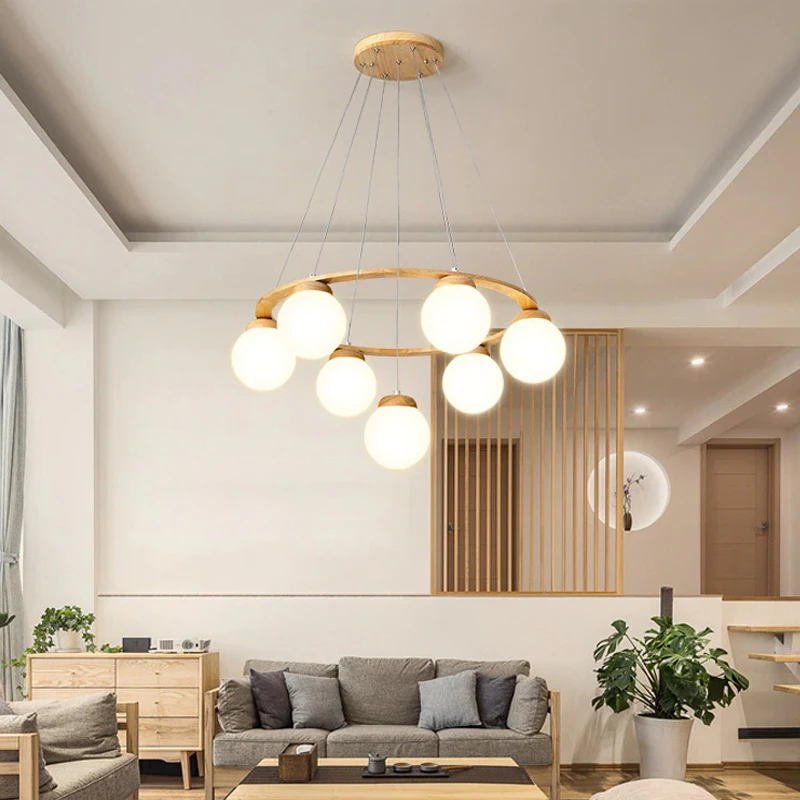 

Modern Wood Glass Ball LED Chandelier Luxury Simple for Living Dining Room Kitchen Bedroom Hanging Pendant Lamp E27 Lightings