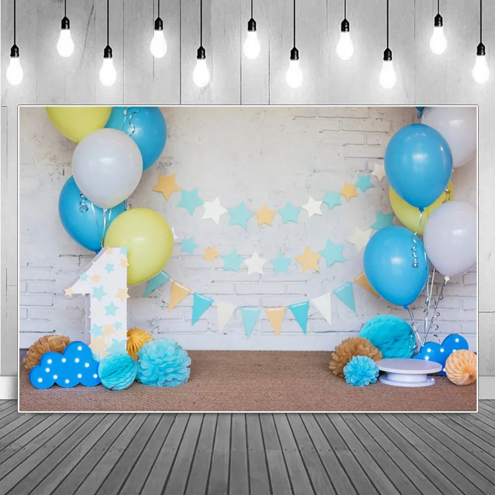 

Star Flag Bunting Balloons Baby 1st One Birthday Decoration Photography Backgrounds White Brick Wall Party Photocall Backdrops