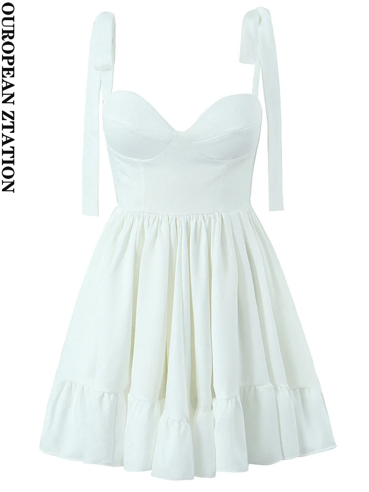 

PAILETE Women 2023 fashion with lining ruffled mini dress vintage sleeveless bow tied straps female dresses vestidos mujer