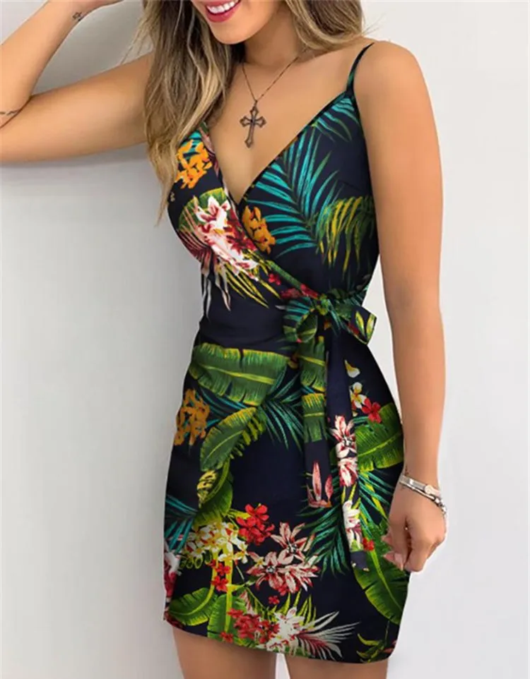 2023 Summer New V-Neck Print Lace Up Wrap Sexy Dress for Women