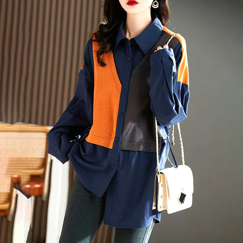 Knitted Cottonspliced Fake Two Piece Turn-down Collar Women Shirt Contrasting Colors Korean Thick Mid-length Women's Clothing