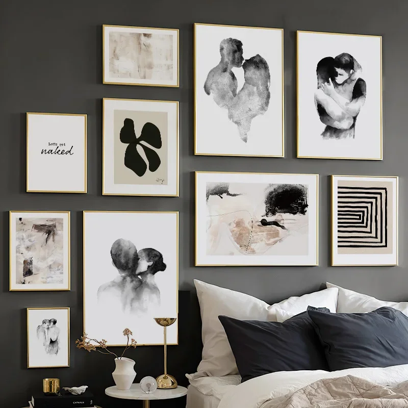 Черно-белая абстрактная поцелуи для пар постеры и принты Геометрическая Картина