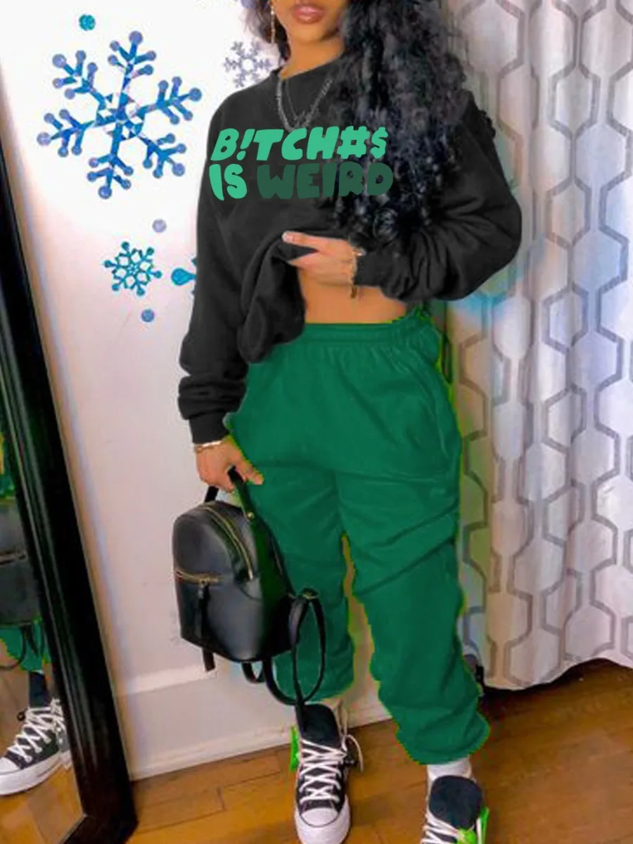 

LW 2022 Autumn New Women Clothes Letter Print Drawstring Pants Round Neck Long Sleeve Tops Sporty Leggings Matching Set