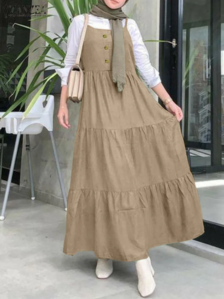 

ZANZEA Woman Holiday Muslim Dress Stylish Sleeveless Tank Dresses Casual Ruffles Sundress Femme Vintage Maxi Islamic Clothing