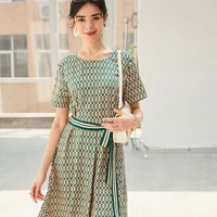 100 silk dresses women elegant high quality plaid printed o neck short sleeve pullover dress summer
