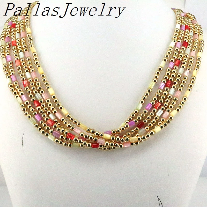 

5Pcs 2022 New Natural Colorful Shell Tube Beads and Gold Beads Charm Necklace, Dainty Beaded Necklace For Women