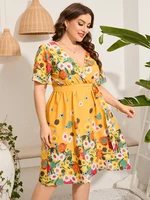 summer womens casual vacation dresses 2022 plus size v neck short sleeve print floral yellow dress xl 5xl ladies clothing