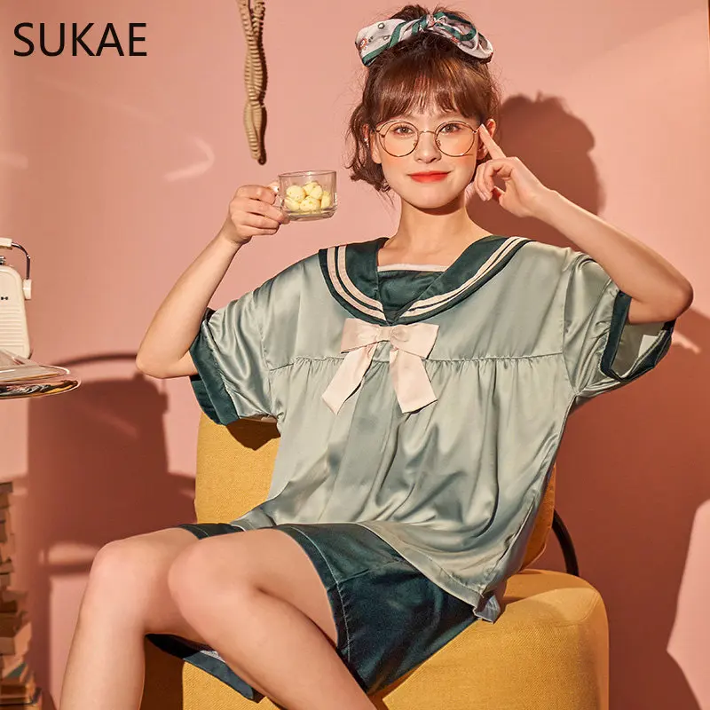 

SUKAE Luxury Princess Style Summer Satin Silk Woman Clothing Kawaii Girls Sleepwear Youth Pajamas Teen Lingerie Cool Pijama Set