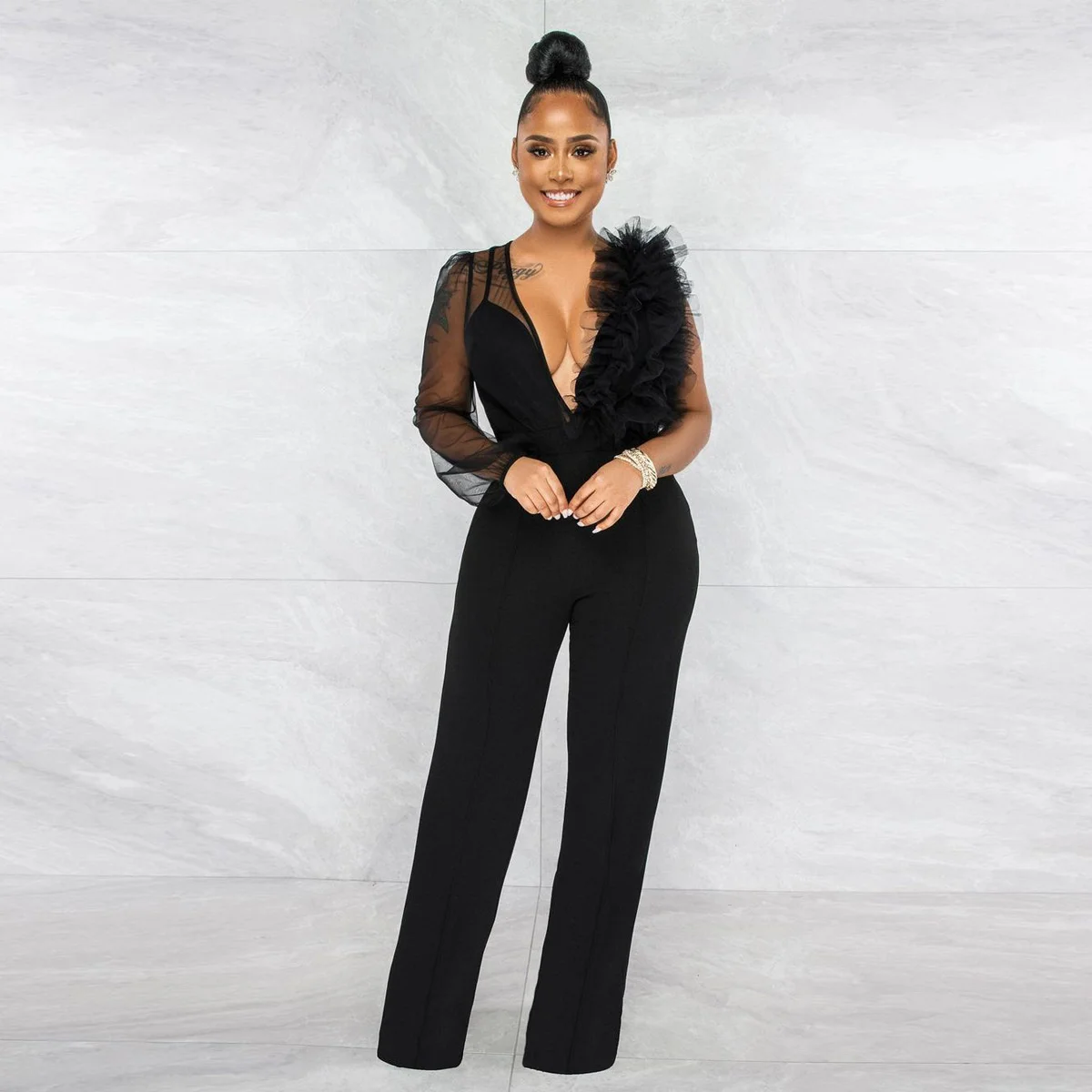 Women's Spring and Autumn Mesh Perspective Deep V-Neck Single Long Sleeve Pleated Flower High Waist Jumpsuit