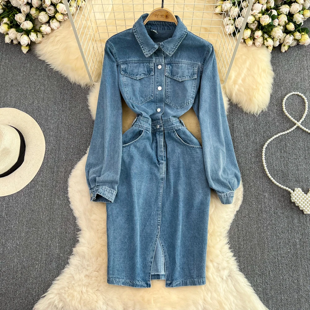 

Женское джинсовое платье с длинными рукавами, тонкое однобортное платье с отложным воротником и длинными рукавами, свободного покроя, в гонконгском стиле ретро, весна