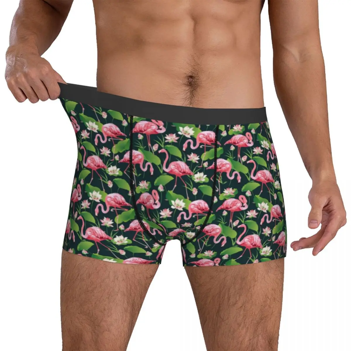 

Tropical Flamingo Birds Underwear White Lily Flowers Men Panties Customs Breathable Boxer Shorts Hot Boxer Brief Plus Size