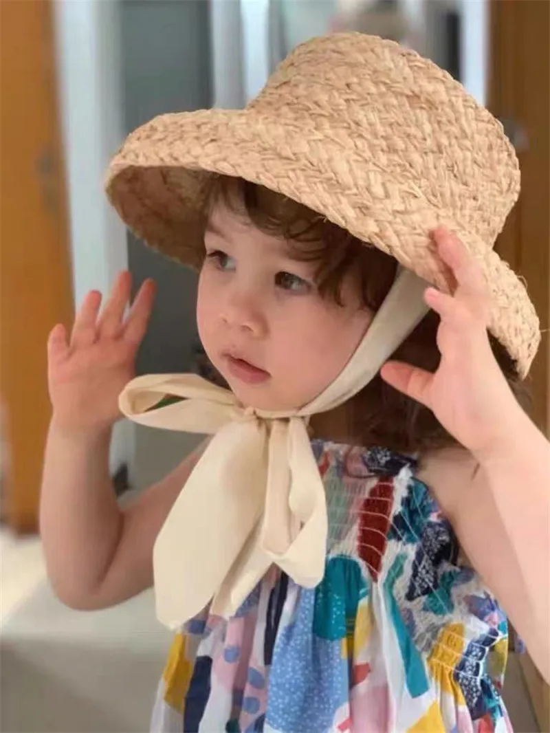 

Новинка, летняя длинная детская шапка из рафии ручной работы, размер головы 52 см, детская шапка для отдыха, 02001-hh6008