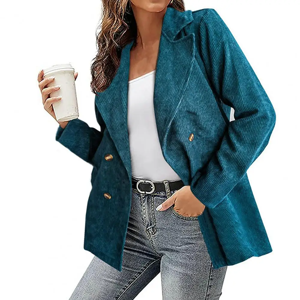 

Women Autumn Corduroy Blazer Solid Color Loose Long Sleeves Cardigan Double-breasted Warm Formal Business Lady Winter Suit Coat