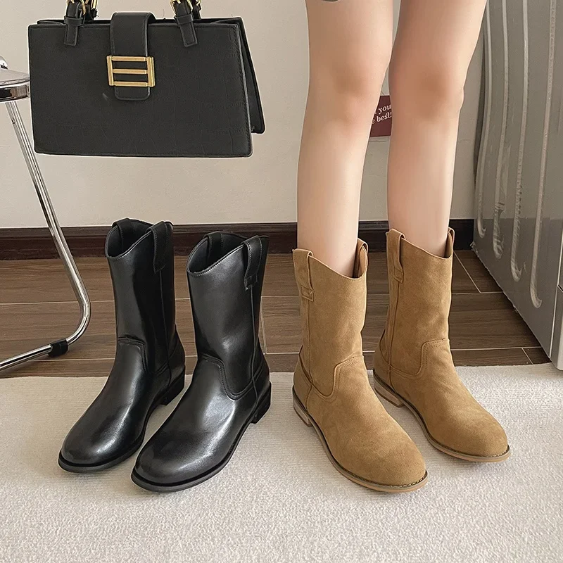 

Matte Leather Western Boots Women 2023 Autumn New Versatile Retro Comfortable Simple Boots