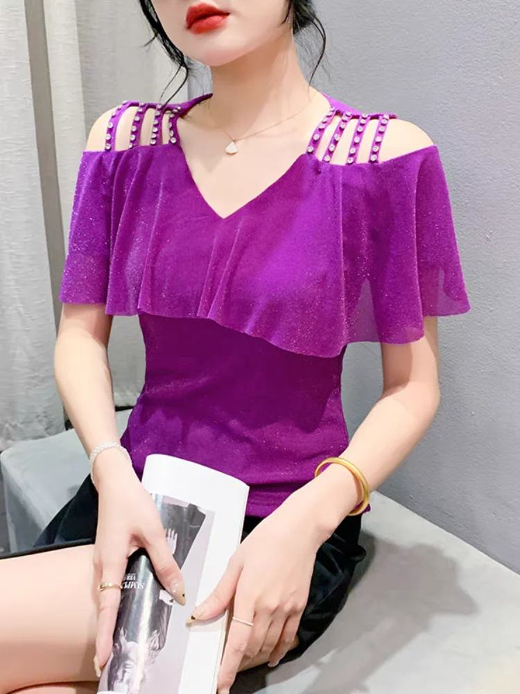 Летняя женская блузка с V-образным вырезом блестящие сетчатые футболки оборками