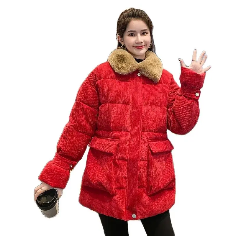 

Corduroy Padded Cotton Jacket Parka Female 2022 New Women's Winter Coat Loose Girl Student Bread Thickening Keep Warm Overcoat