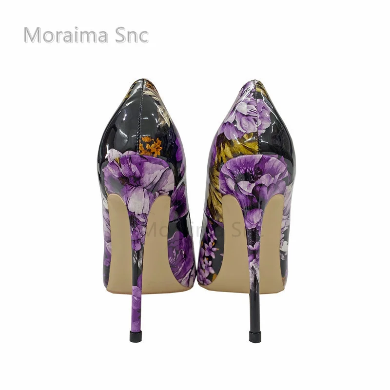 Purple Print Super High Heels Shoes for Women Pumps Flowers Pointed Toe Shallow Stiletto Wedding Party Shoes Female Spring