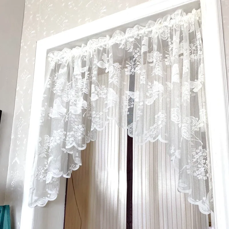 

Korean Pastoral Style White Butterfly Flower Lace Short Tulle Curtain Curved Half Sheer Voile Drapes For Bedroom Door Kitchen