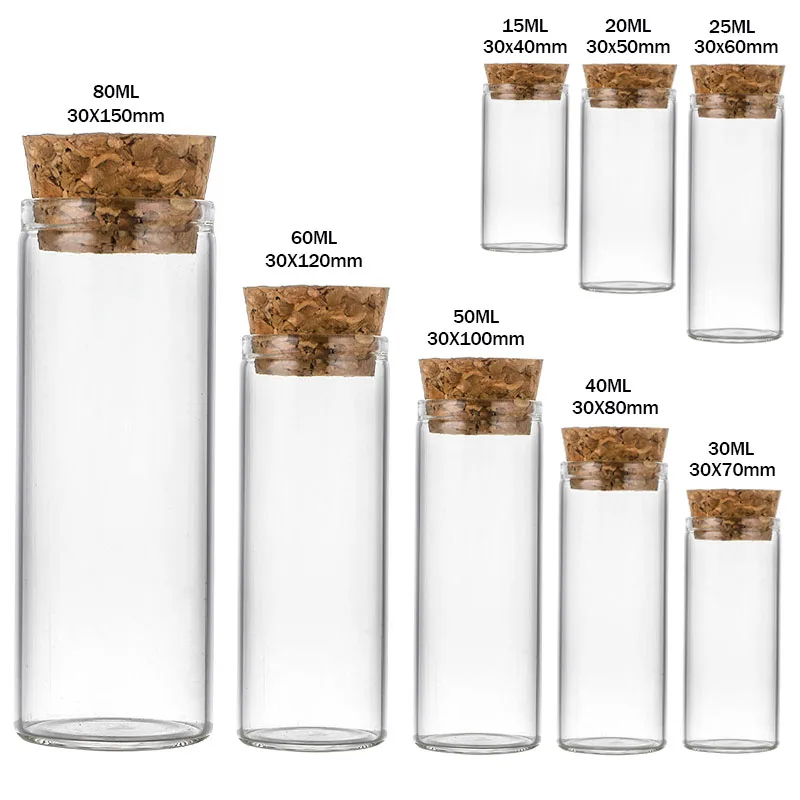 

10PCS/set 15ML/25ML/30ML/40ML/50ML/60ML/80ML Clear Laboratory Glass Test Tube Bottles with Cork School Science Textbook Supplies