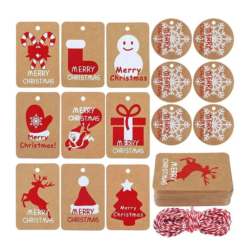 

100 PCS Christmas Gift Tags Kraft Paper Tags Hang Labels with Cotton Rope for DIY Craft Xmas Decoration