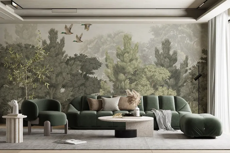 

Watercolor Vintage Design Tropical Wallpaper, Forest And Ducks Removable, Customizable Wall Mural