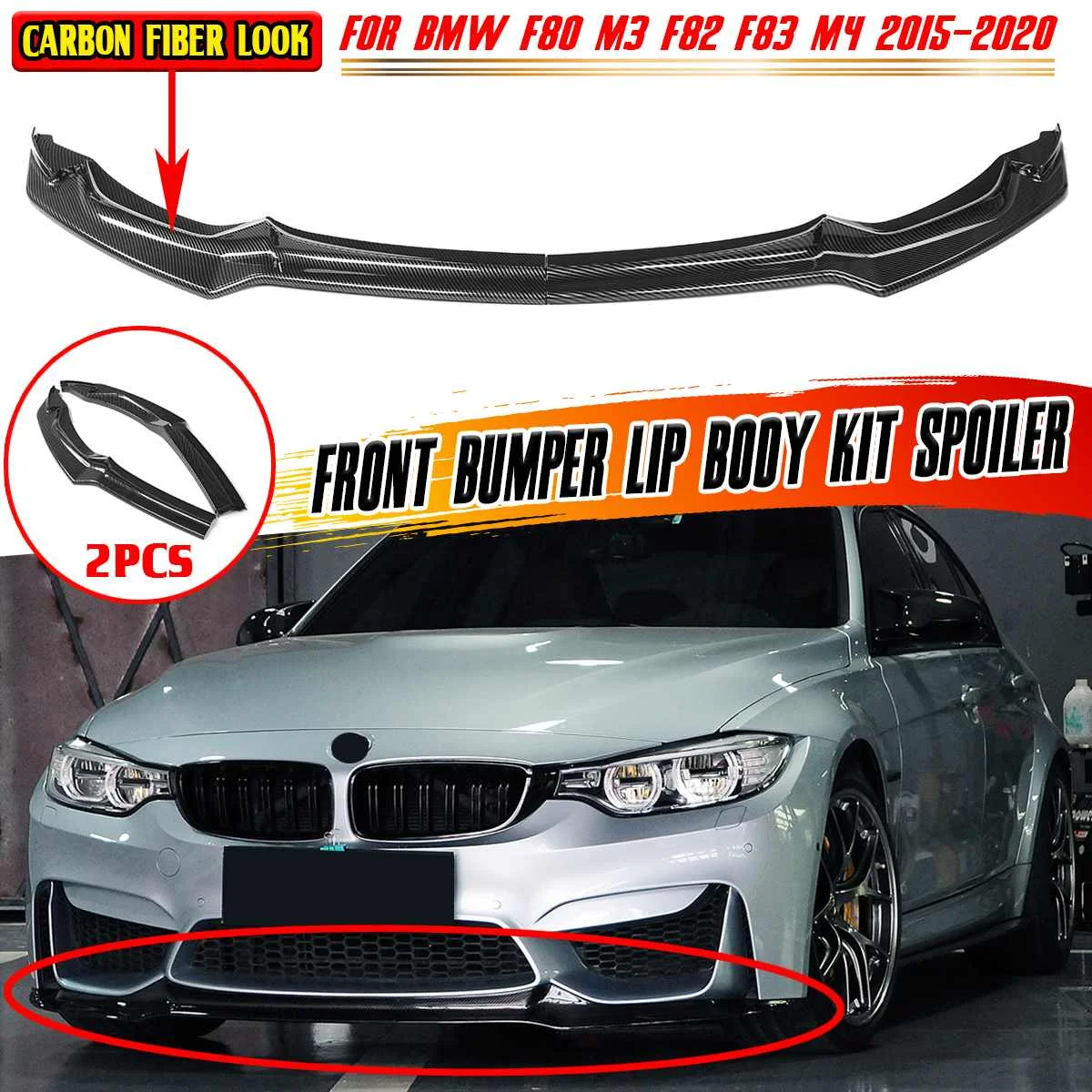 

2PCS Black/Carbon Fiber Look CS Style Front Bumper Lip Chin Body Kit Spoiler Cover For BMW F80 M3 F82 F83 M4 2015-2020