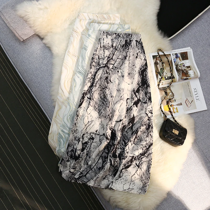 

Женская винтажная юбка миди, элегантная тонкая эластичная юбка с принтом чернил и завышенной талией, весна-лето 2022