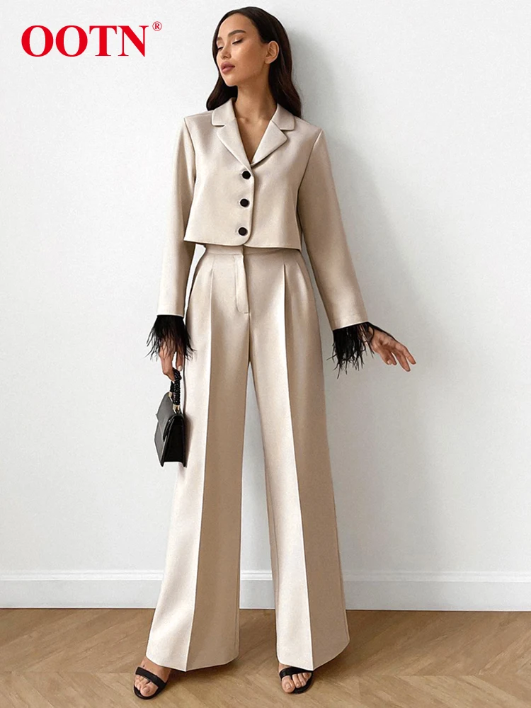

OOTN Office Feathers Notched Collar Shirts Suits Women Khaki High Waist Pleated Pants Two Piece Sets 2023 Fall Trousers 2 Piece