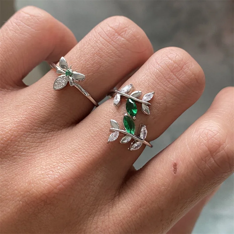 

Romance Leaf Shaped Cubic Zirconia Finger Rings Opening Adjustable Ring For Women Party Anniversary Jewelry Gifts Wholesale