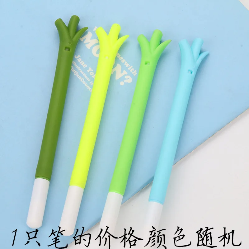 

New style and new creative primary and secondary school students with green onion and neutral pen Stationery for office supplies