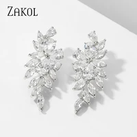 zakol marquise cut flower zirconia crystal long drop earrings for women shiny leaf cz stone bridal wedding jewelry fsep2415