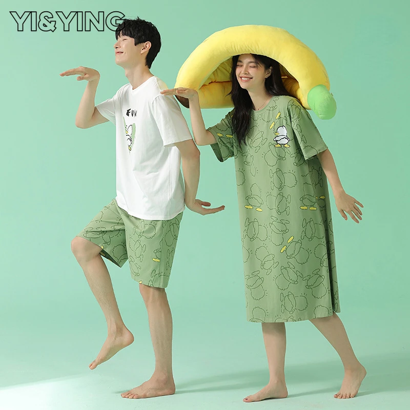 

[YI&YING] New Spring/Summer Couple Pajamas Short Sleeve Mid Length Nightwear Cool Cotton Home Furnishing WAZC057