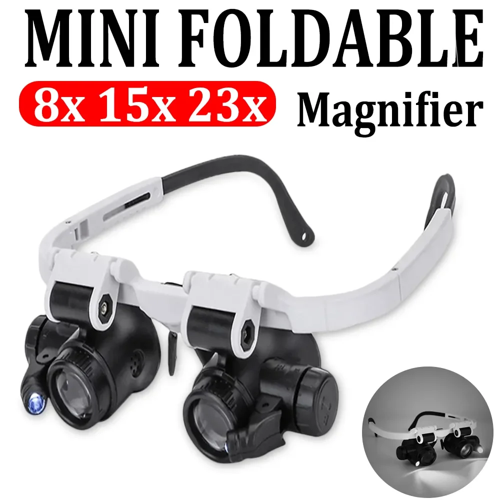 2LED Head-Mounted Illuminating Microscope Headband Repair LED Lamp Light Magnifying Glass with 8x 15x 23x Magnifier Loupe