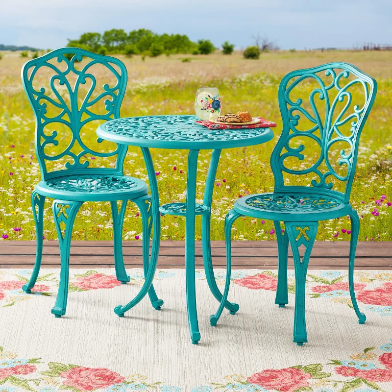 

The Pioneer Woman Goldie 3-Piece Cast Aluminum Garden Bistro Set, Teal outdoor furniture patio furniture set