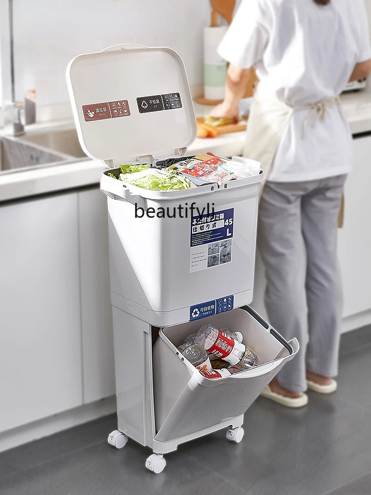 

zqKitchen Trash Can Deodorant Large Double-Layer Kitchen Waste Dry Wet Separation Garbage Classification