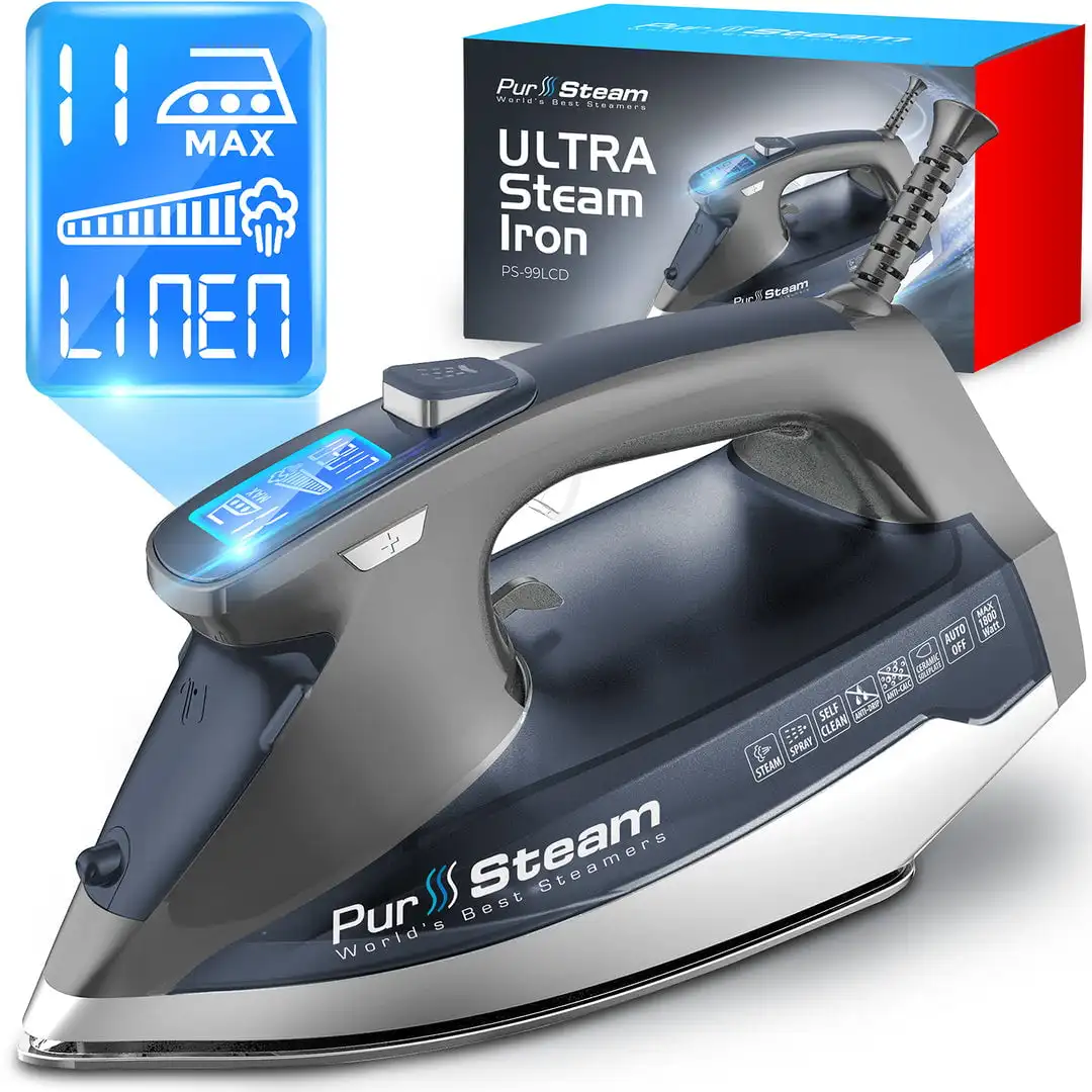 

Professional Grade 1800-Watt Steam Iron with Digital LCD Screen, 3-Way Auto-Off, Double-Layer Ceramic Soleplate, Axial Aligned S