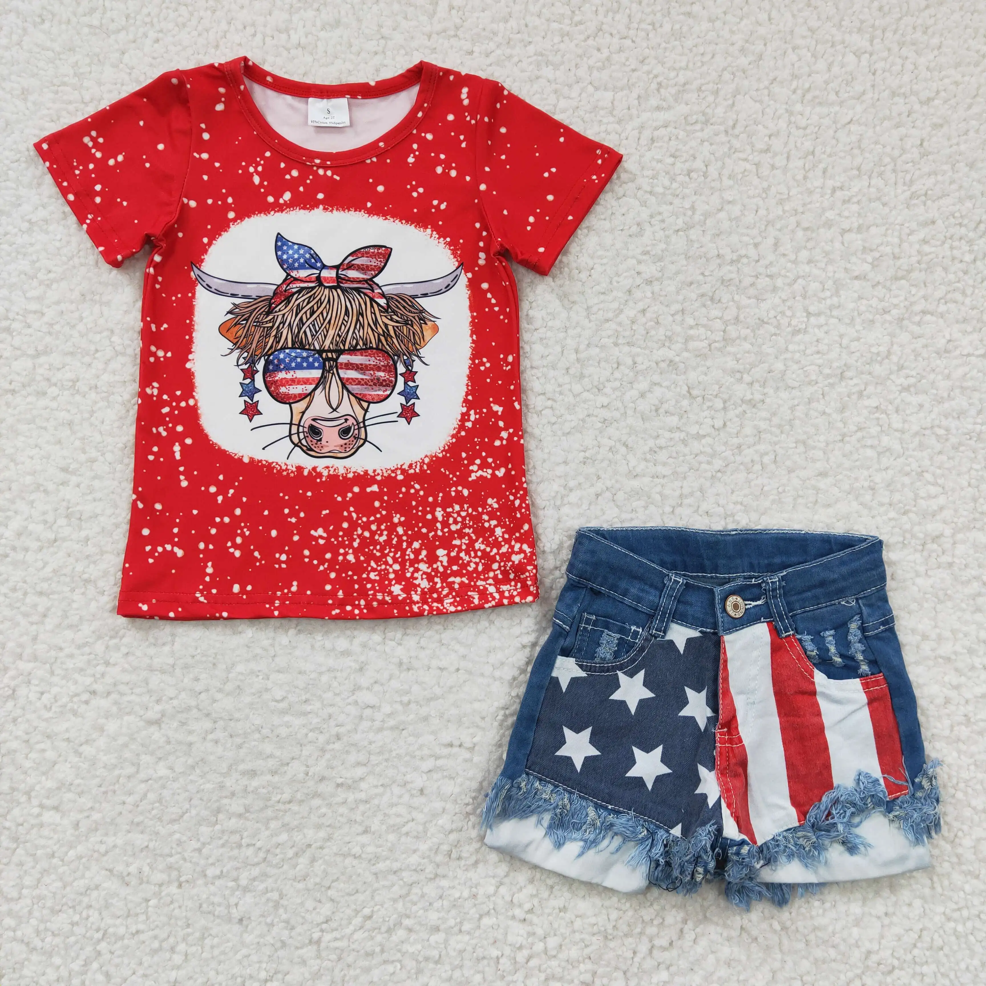 

New Brands Heifer Cow Printed Red T-Shirts + Denim Shorts Boutique Sets For Children Girls Summer Clothes Suits Wholesale