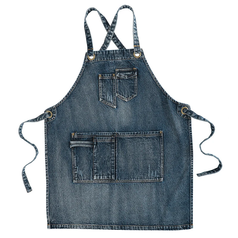 

New Washed Thick Denim Apron professional coffee shop haircutter for Hairstylist Hairdresser for Women Men working pinafore