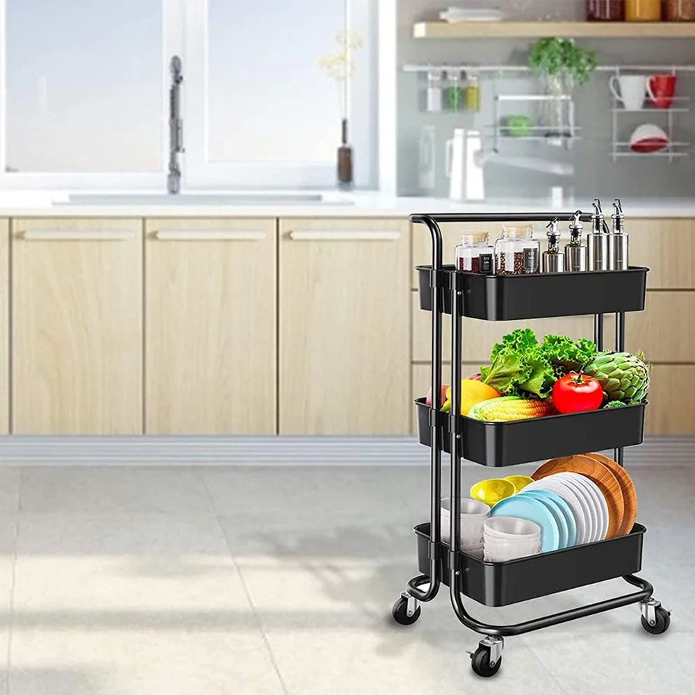 

3-Tier Kitchen Utility Cart with Handle and Lockable Wheels, Black Kitchen Island Table