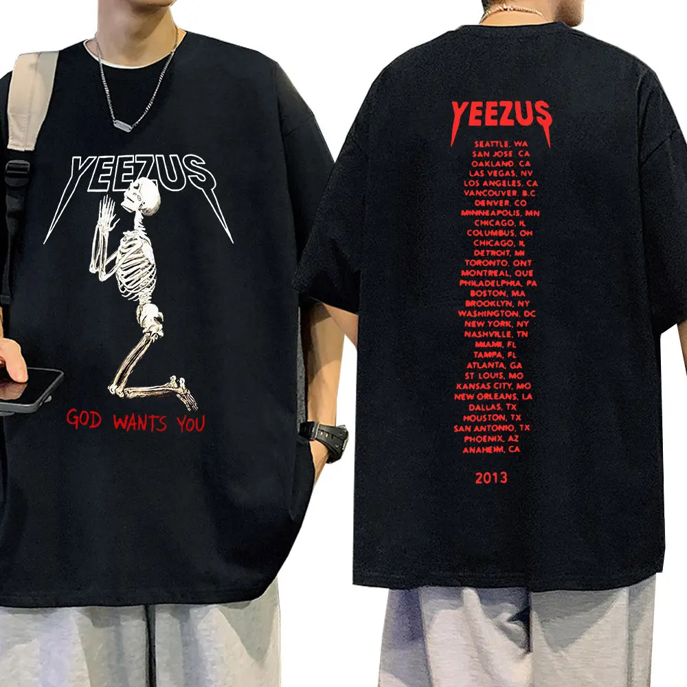 Rapper Kanye West Skeleton Print T Shirt Men's Women's Hip Hop Vintage Music Album T-shirt Streetwear Oversized Cotton T Shirts