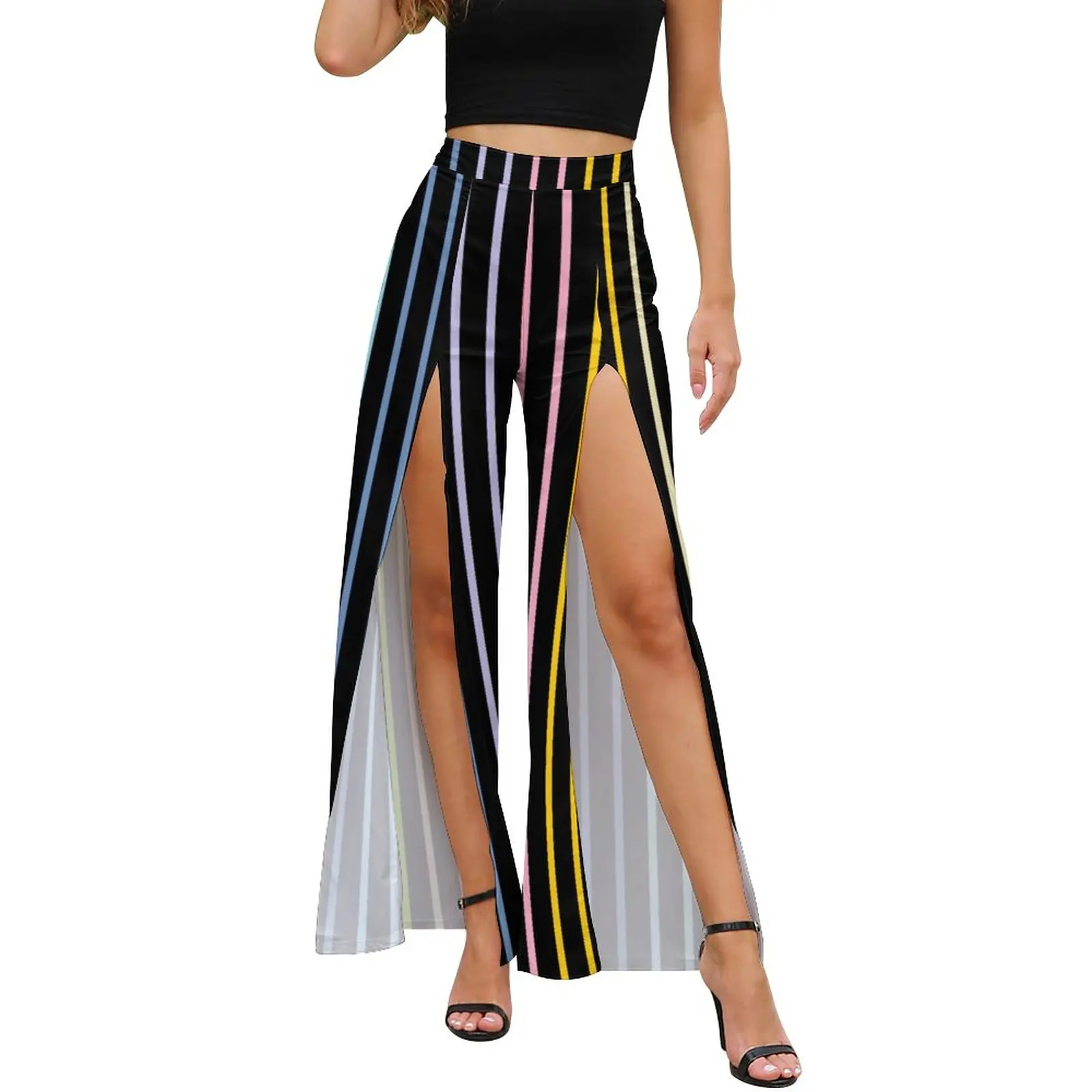 

Rainbow Striped Pants Summer Vertical Stripes Print Classic Wide Pants Female High Slit Streetwear Trendy Trousers