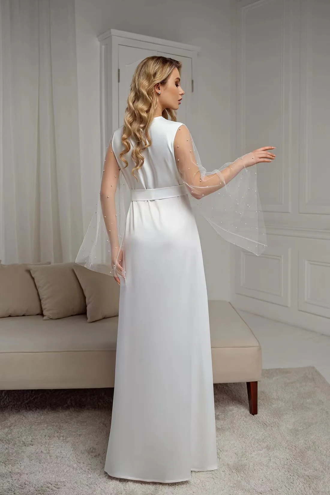 Bridal Gown With Pearls Silk Bathrobe White Boudoir Satin Kimono Women Pajamas Summer Pearl Tulle Dress  Wedding Robes For Bride