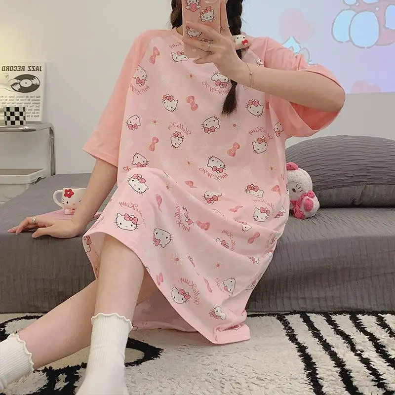 

Sanrio Hello Kitty Pochacco Nightdress Girl Summer Loose Short-Sleeved Cartoon Mid-Length Student Sweet Cute Home Service Suit