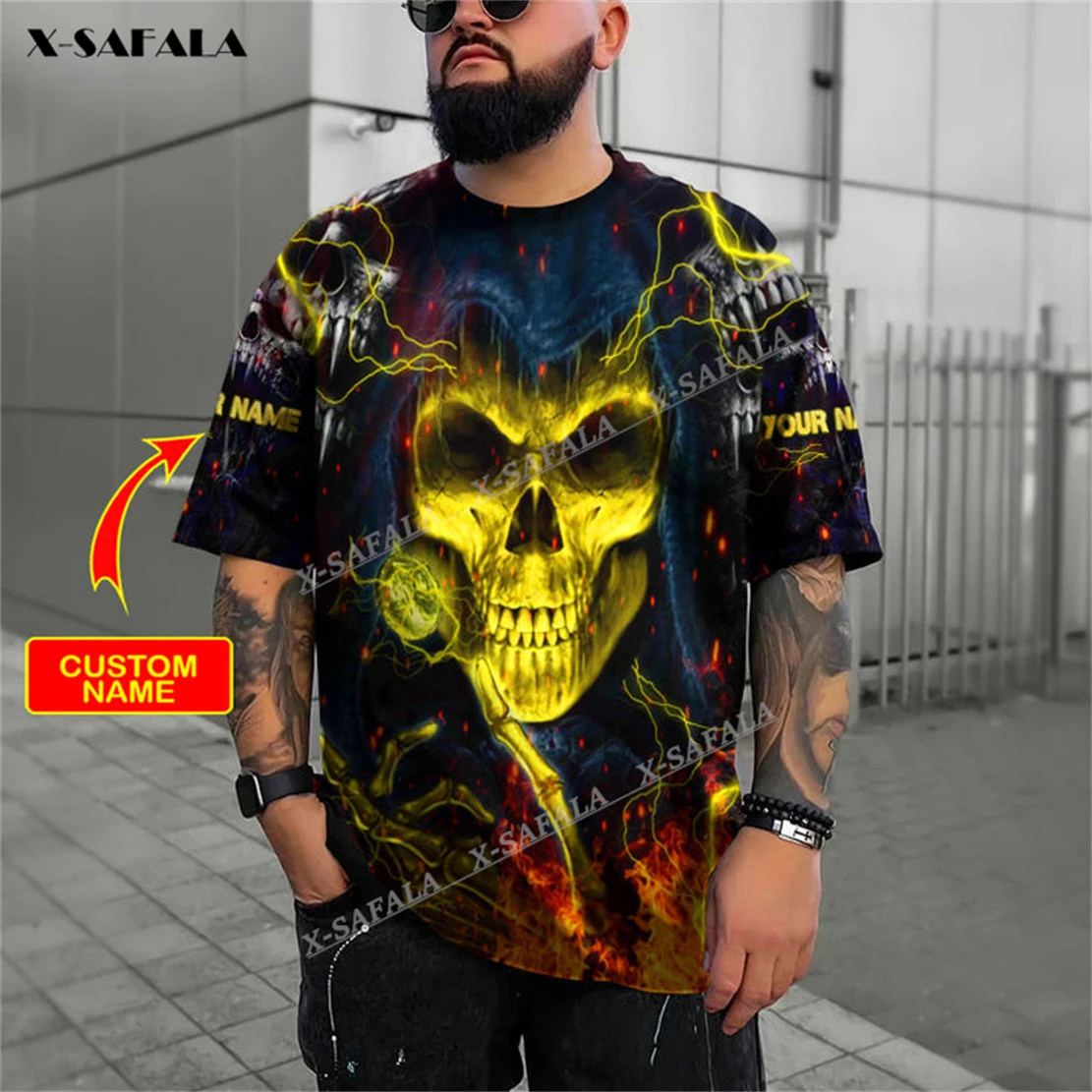 

Grim Reaper Fire Skull Personalized Name 3D Printed T-Shirts Tops Tees Short Sleeve Casual Milk Fibe Better Cotton O Collared